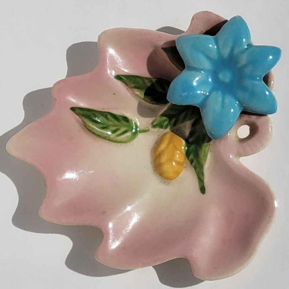 Vintage 1940's OPCO Pink Leaf Shaped Ceramic Floral Trinket Dish